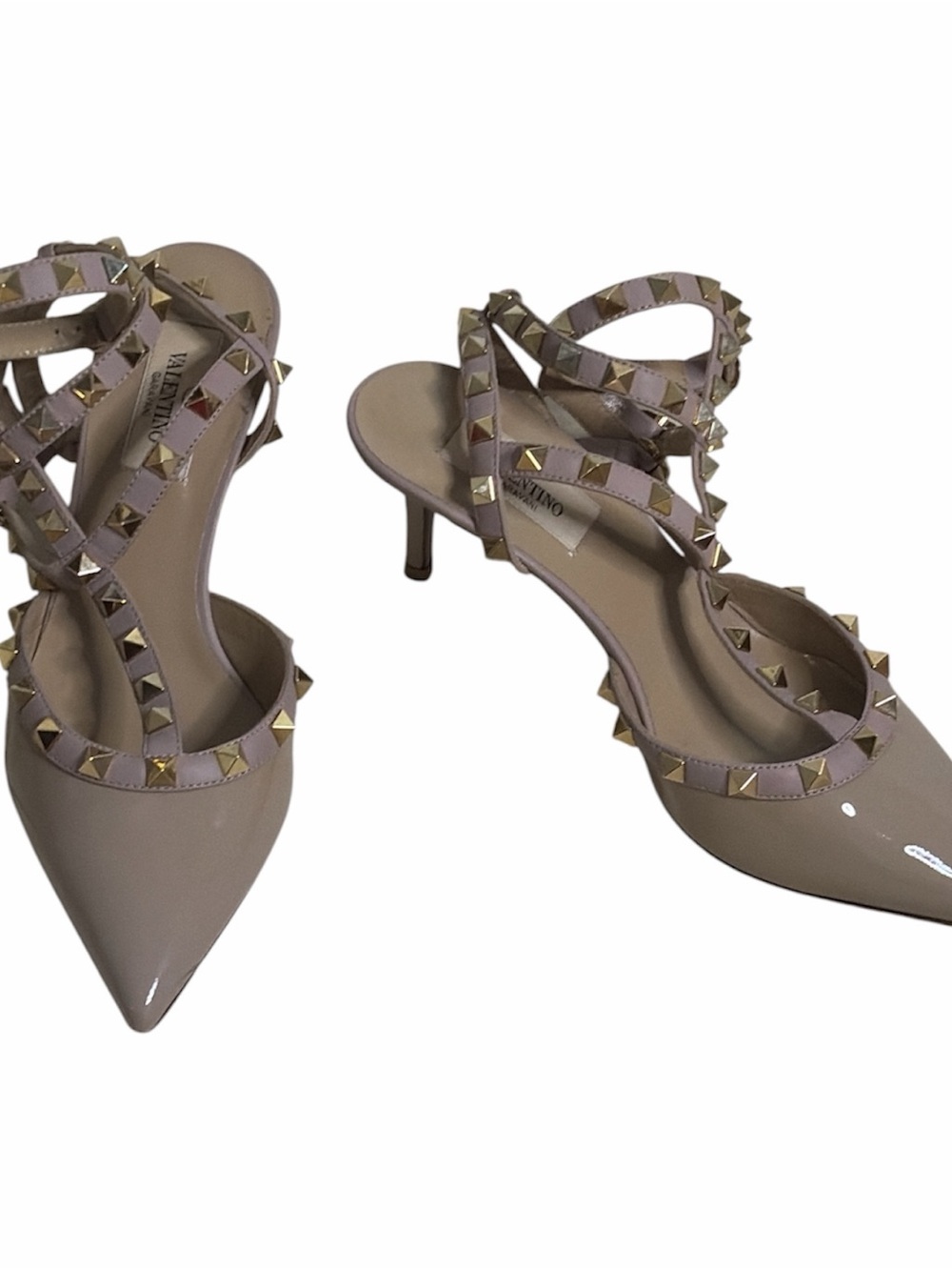 Valentino Nude Patent Studded Strappy Pointed Kitten Heels